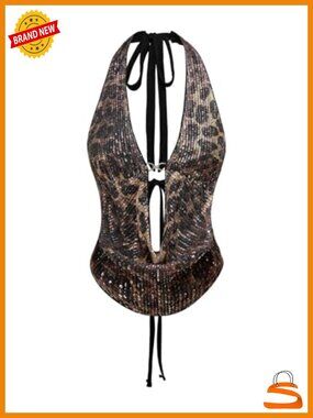 Sequin Cheetah Print Halter Crop Top Self Tie Plunge Y2K Party Top